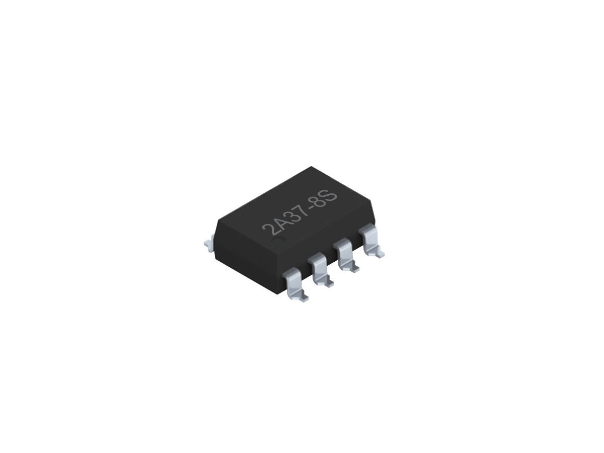 A small black integrated circuit chip with eight metal pins, labeled 2A37-8S, is shown on a white background. This SMP-37 device functions as a Photo-MOSFET Relay for compact, high-efficiency electronic circuits. by Standex Detect