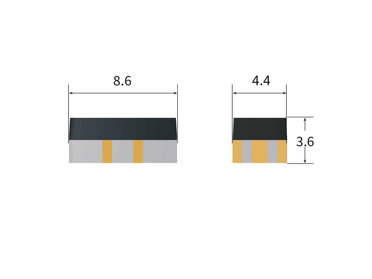 A black and gray rectangular electronic component, part of the CRR Series Reed Relay, is shown from two angles with gold contacts and labeled dimensions: width 8.6 mm, height 4.4 mm, and length 3.6 mm. by Standex Detect