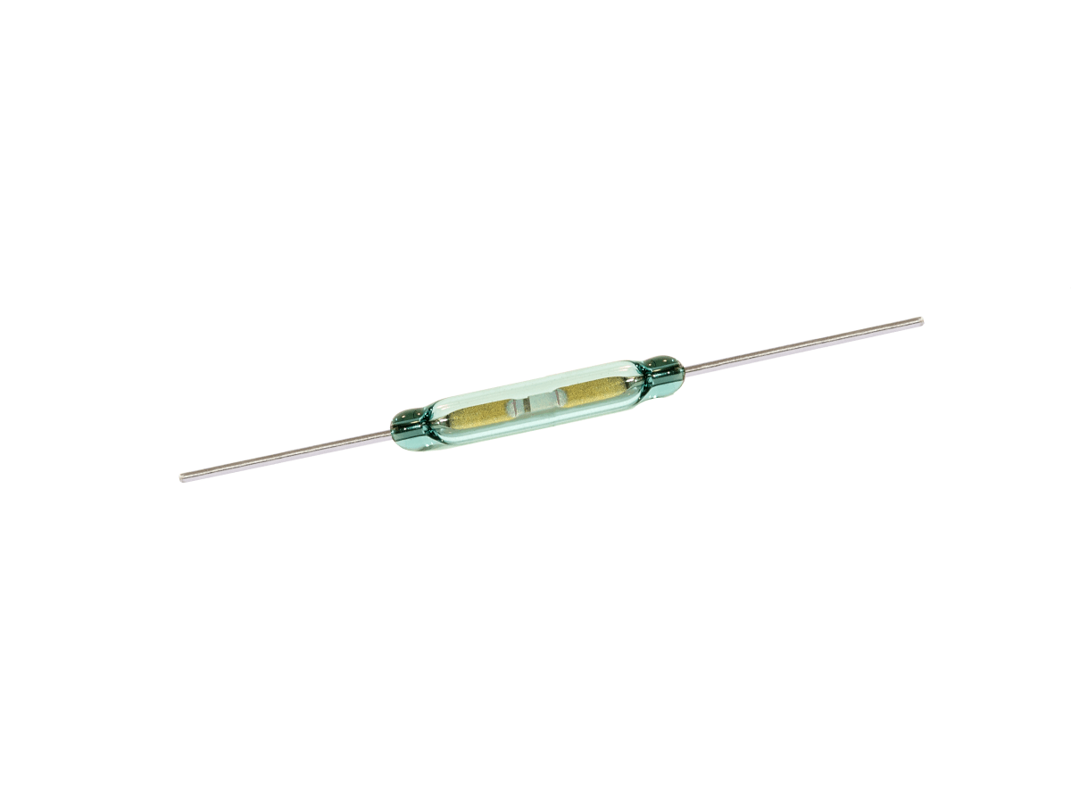 A close-up of a glass Reed Switch from the KSK-1A55 Series, with two metal leads extending from either end, showing the small metallic contacts inside the transparent cylindrical casing. by Standex Detect