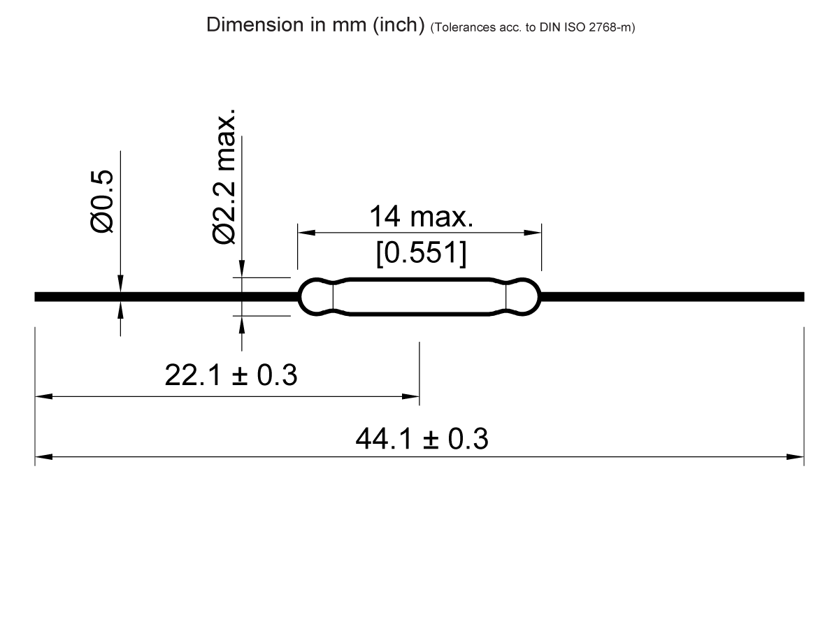 Technical drawing of a KSK-1A66 Series Reed Switch, cylindrical with axial leads, showing dimensions: 44.1 ± 0.3 mm total length, 22.1 ± 0.3 mm body length, 2.2 mm max body diameter, and 0.5 mm lead diameter. by Standex Detect