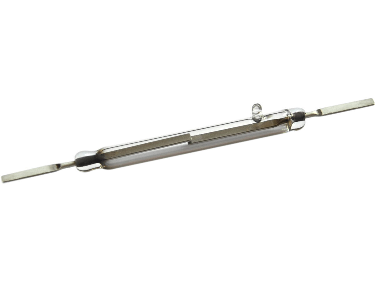Close-up of a KSK-1A69 Reed Switch from the Series, featuring two metal leads extending from each end and a small metal component visible inside the transparent tube. by Standex Detect