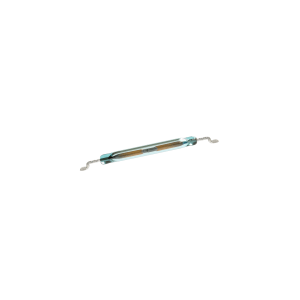 A glass reed switch with two metal leads extending from each end, and internal metallic contacts visible inside the cylindrical casing. Ideal for use as an MK23-85 Surface Mount Reed Switch in precision sensing applications. by Standex Detect