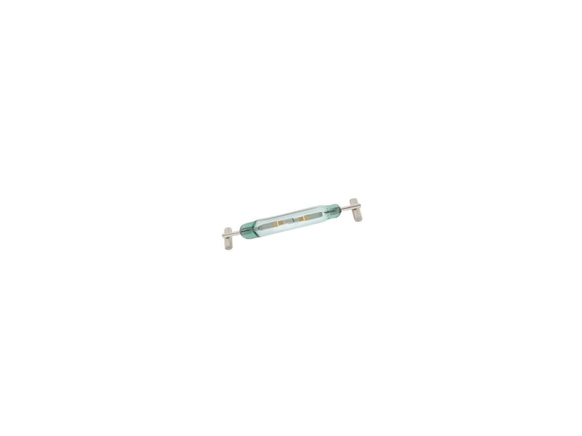 A close-up image of a glass fuse with metal caps on both ends and a visible filament inside, resembling the structure of a Surface Mount Reed Switch, isolated on a white background. by Standex Detect