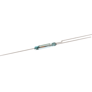 A small glass-encased ORT551-1 Series reed switch with two long, thin metal leads extending from each end&mdash;one straight and one bent&mdash;isolated on a white background. by Standex Detect