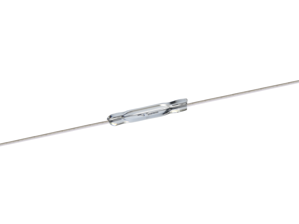 A close-up of a thin, metallic wire secured with a small, transparent connector—featuring the PR126 Series Reed Switch—in the center, isolated on a white background. by Standex Detect