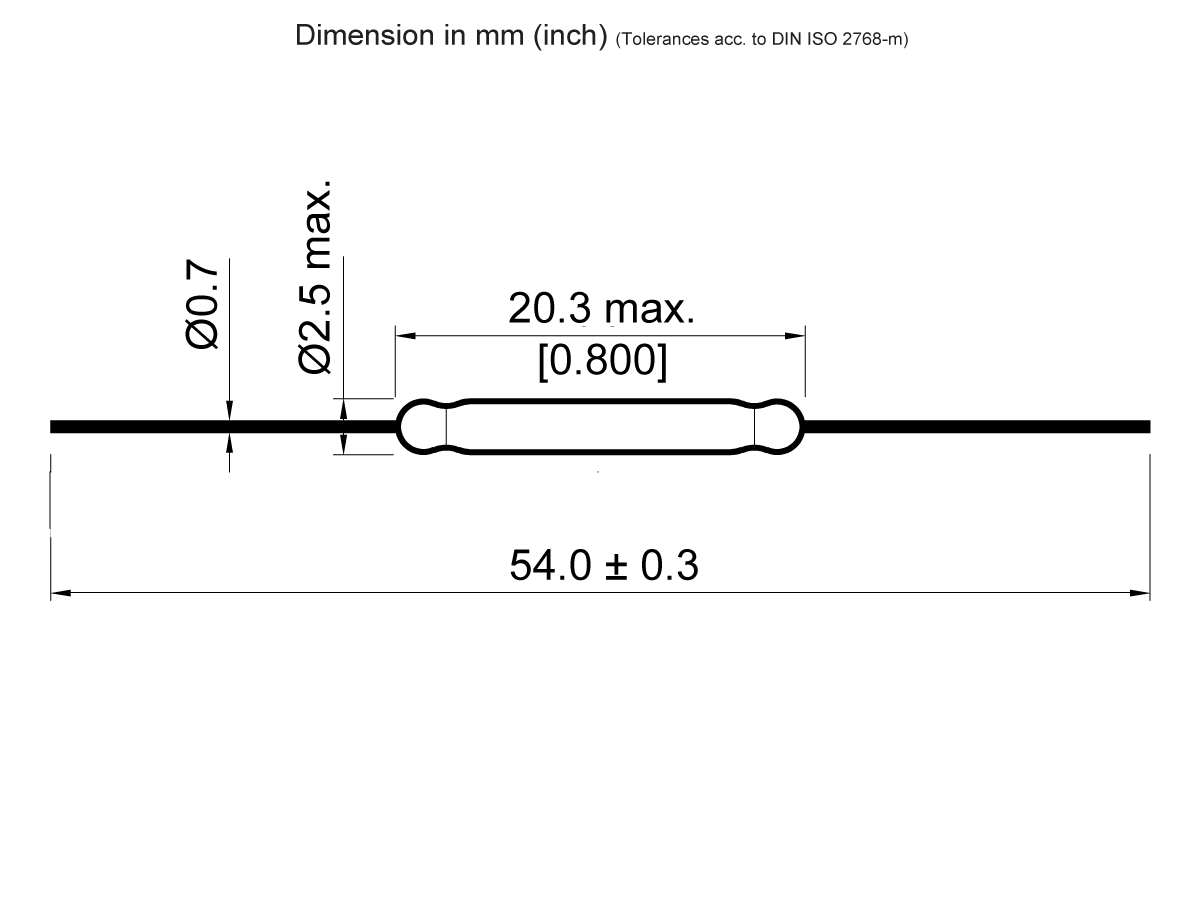 Technical drawing of a PR126 Series Reed Switch: cylindrical component with a 2.5 mm max diameter, 54.0 ± 0.3 mm length, two 0.7 mm diameter leads, and a maximum body length of 20.3 mm (0.800 inches). by Standex Detect