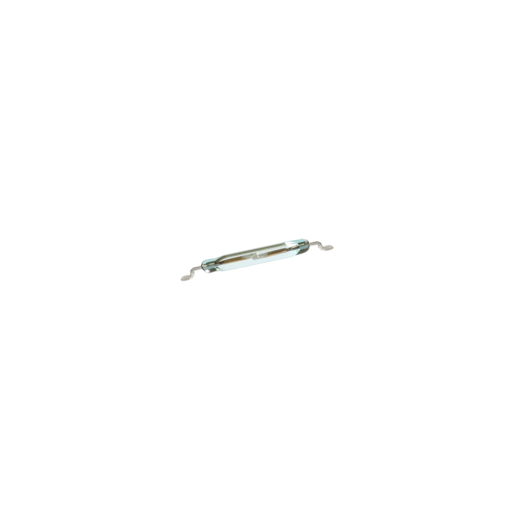 A close-up of a single glass fuse with metal caps and exposed wire leads, resembling traditional Reed Switches, isolated on a white background. by Standex Detect