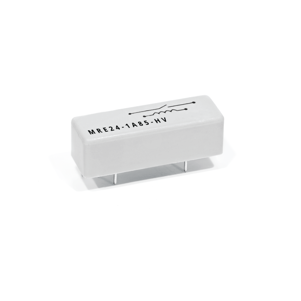 A rectangular white electronic component, labeled MRE24-1A85-HV, with three metal pins on the bottom, placed on a white background. by Standex Detect