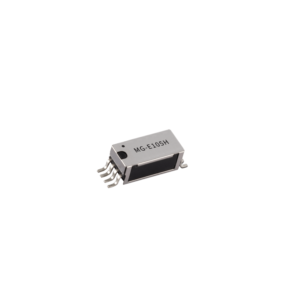 A small electronic component with metallic casing and four bent pins on each side, labeled MG-E105H Sanyu Reed Relay, isolated on a white background. by Standex Detect