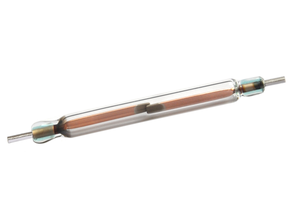 A close-up of a KSK-1A53 Reed Switch, featuring a small glass tube with metal ends and a thin metal strip inside, isolated on a white background. by Standex Detect