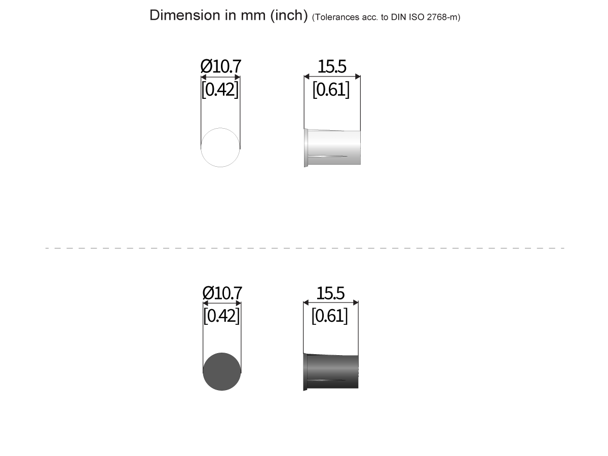 Technical drawing of two cylindrical M36 Series Magnet objects with dimensions: diameter 10.7 mm (0.42 inches) and length 15.5 mm (0.61 inches), shown in top and side views per DIN ISO 2768-m tolerances. by Standex Detect