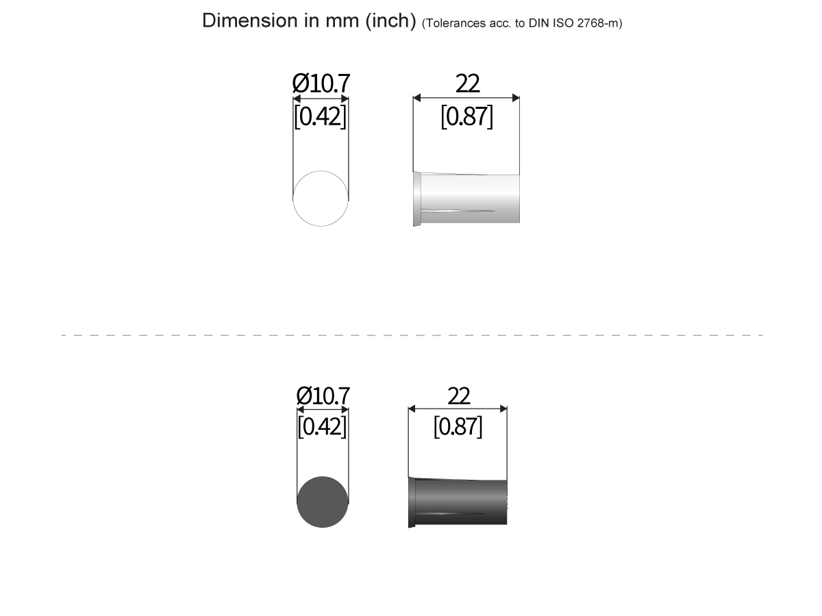 Technical drawing showing two horizontal M36 series magnet cylinders, each with a diameter of 10.7 mm (0.42 in) and length of 22 mm (0.87 in), with dimensions labeled above and to the right of each cylinder. by Standex Detect