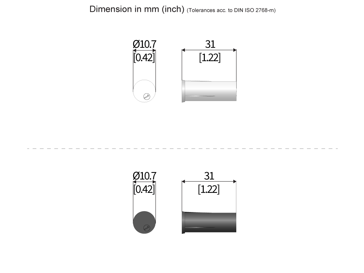 Technical drawing of an M36 series magnet as a cylindrical object, diameter 10.7 mm (0.42 in) and length 31 mm (1.22 in), shown from front and side views with dimensions in both mm and inches. by Standex Detect