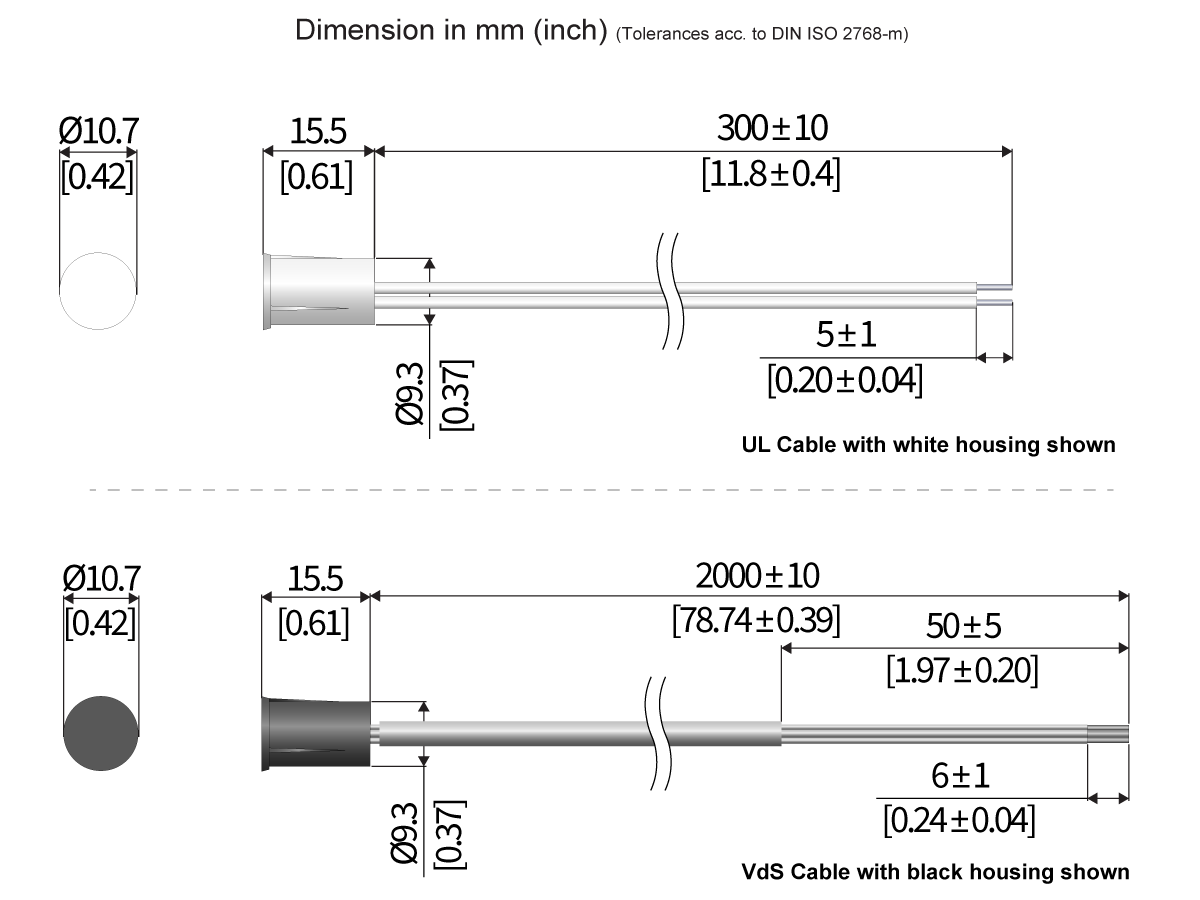Technical drawing showing dimensions of two cylindrical cables: one with a white housing (top) and one with a black housing (bottom), typically used in mk36 series reed sensor assemblies. Measurements are in millimeters and inches. by Standex Detect