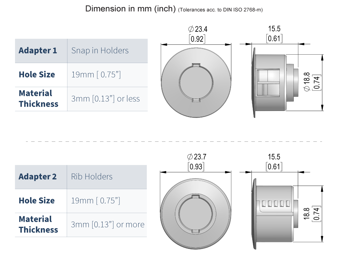 Two diagrams compare Adapter 1 (Snap in Holders) and Adapter 2 (Rib Holders), compatible with mk36 series reed sensor, for 19mm holes and up to 3mm material thickness, showing front and side views with labeled dimensions in mm and inches. by Standex Detect