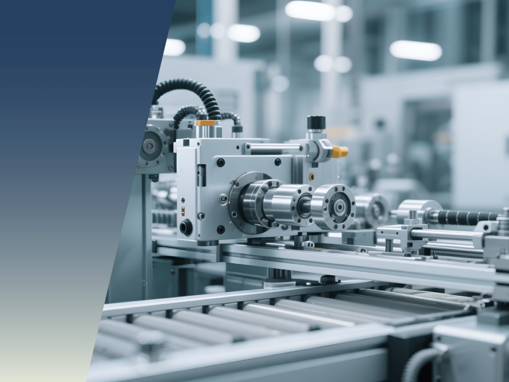 A close-up of modern automated machinery in a factory setting, featuring metal components, rollers, and control knobs enhanced by custom sensor solutions, with blurred equipment in the background and a blue gradient overlay on the left side. by Standex Detect