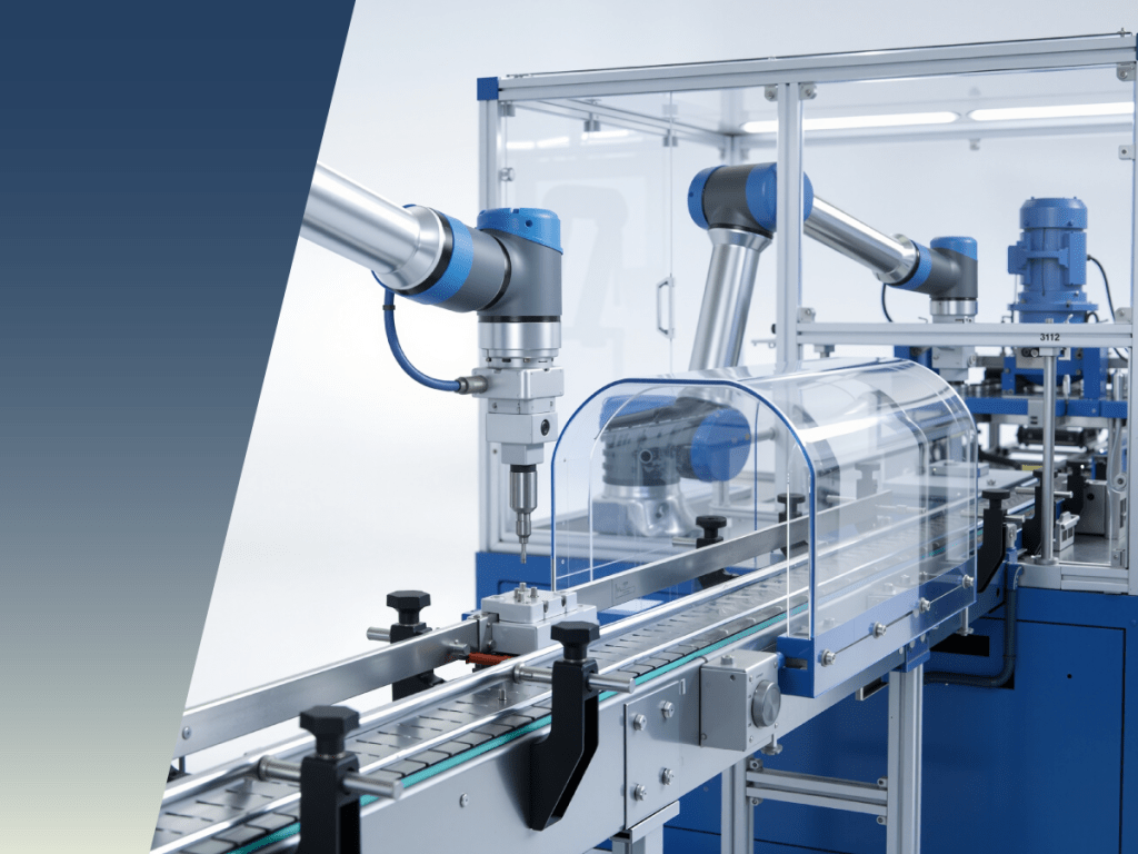 A modern robotic arm featuring precision sensing for motion systems operates on an automated assembly line, surrounded by metal machinery and clear safety covers in a clean, industrial setting. by Standex Detect